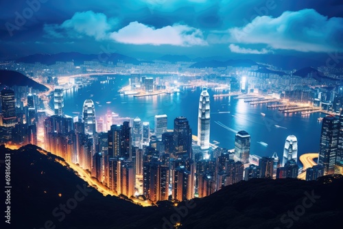 Hong Kong cityscape at night. Hong Kong is the largest city in the world, Hong Kong city view from The Peak at twilight, AI Generated