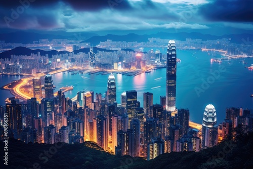 Hong Kong skyline at night, Hong Kong city view from The Peak at twilight, AI Generated photo