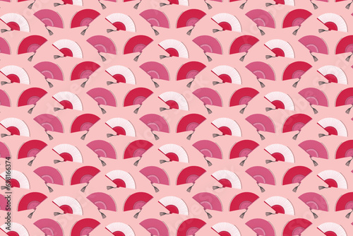 vector seamless pattern with chinese oriental fans. red, pink and white repetitive pattern with asian traditional fans. beautiful anime accessories background. geisha fan wallpaper