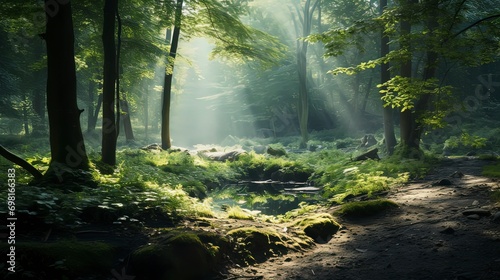 Image of a serene green forest tranquil, Generative ai.
