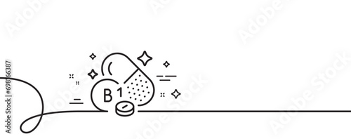 Vitamin B1 line icon. Continuous one line with curl. Thiamine food micronutrient sign. Capsule or pill supplement symbol. Thiamine vitamin single outline ribbon. Loop curve pattern. Vector