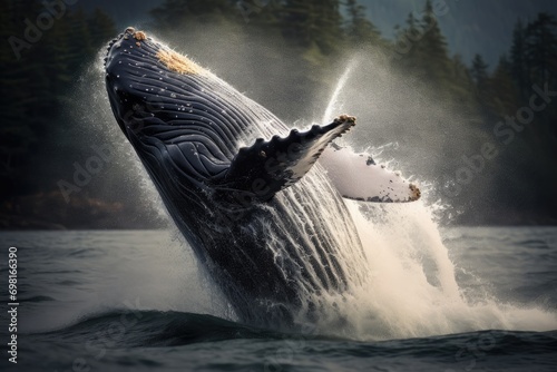 Humpback whale splashing in the ocean. Alaska. USA, Humpback whale jumping out of the water, AI Generated