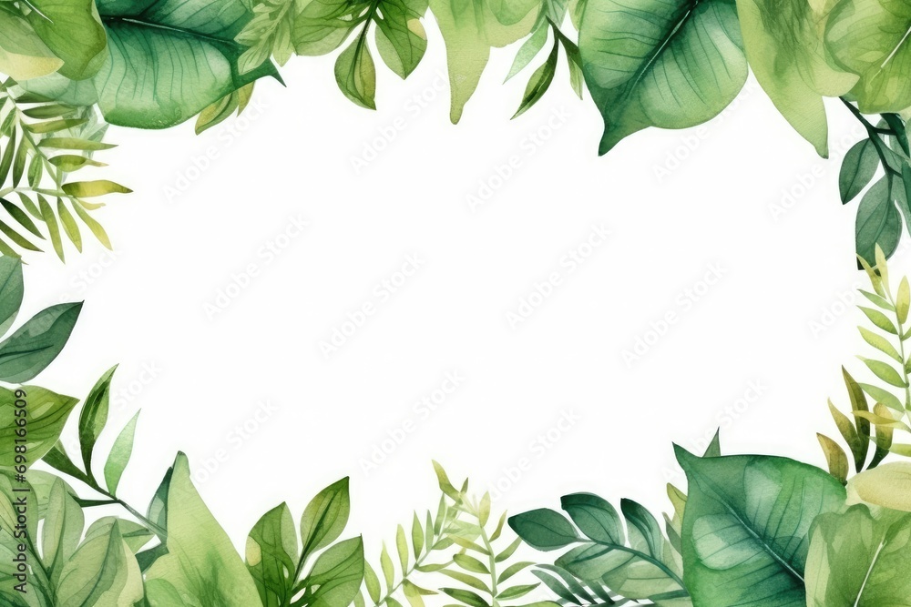 Watercolor tropical leaves frame on white background. Hand painted illustration, Hand-painted watercolor frame with tropical green leaves and branches, AI Generated - obrazy, fototapety, plakaty 