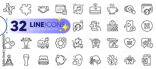 Outline set of Puzzle, Translation service and Accounting line icons for web with Sick man, Time management, Podcast thin icon. Flight mode, Healthy face, Dumbbells workout pictogram icon. Vector