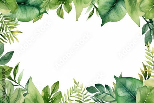 Watercolor tropical leaves frame on white background. Hand painted illustration, Hand-painted watercolor frame with tropical green leaves and branches, AI Generated photo