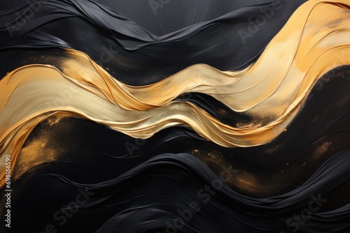 Black and gold abstract wavy liquid background. 3d render illustration, Horizontal black and gold oil painting with a wavy abstract pattern, AI Generated