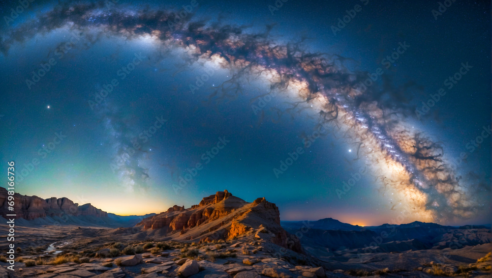 Tranquil landscape with the milky way going across the sky