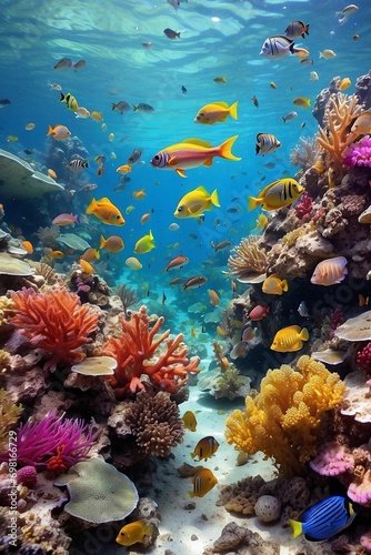 School of colorful fish swimming among coral reefs in beautiful sea