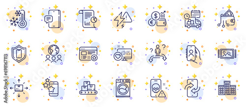 Outline set of Best app, Smartphone protection and User call line icons for web app. Include Cyber attack, Business choice, Image carousel pictogram icons. Delivery, Company. Vector