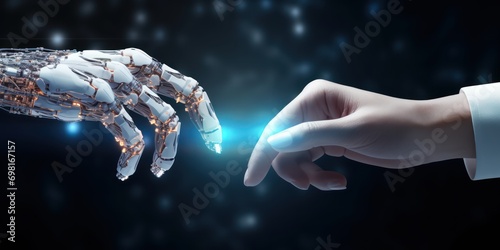 3d AI, Machine learning, Hands white robot and human touching on big data network connection, Data exchange, deep learning, Science and artificial intelligence technology