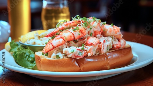 A snapshot of a lobster roll served on a buttery toasted bun, filled with succulent lobster meat and drizzled with melted butter, reminiscent of East Coast seaside indulgence.