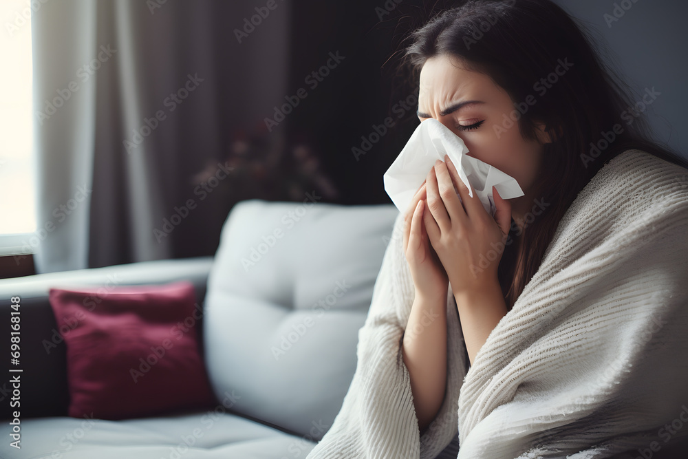 Woman with cold wrapped in warm blanket blowing her nose with paper tissue Woman with cold wrapped in warm blanket blowing her nose with paper tissue