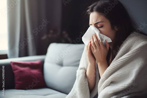 Woman with cold wrapped in warm blanket blowing her nose with paper tissue