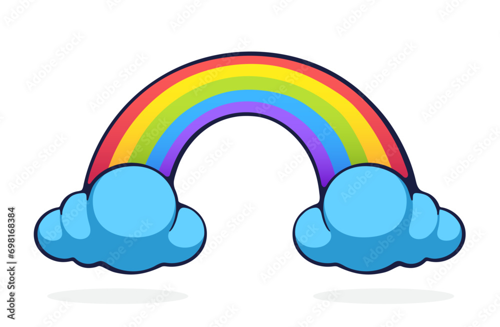 Rainbow with two clouds. Vector illustration. Hand drawn cartoon clip art with outline. Isolated on white background Rainbow with two clouds. Vector illustration. Hand drawn cartoon clip art with outline. Isolated on white background