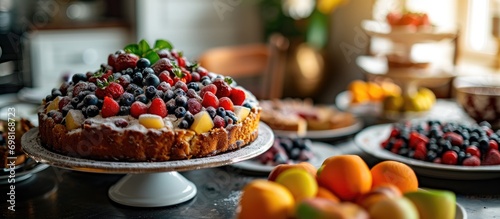 Fruit pie and cake on table, selective focus.