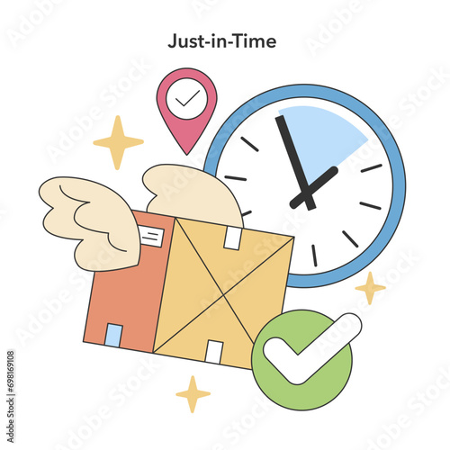 Just-in-Time concept. Precise clock symbolizing swift logistics and punctual delivery services. Effective supply chain timing. Flat vector illustration.