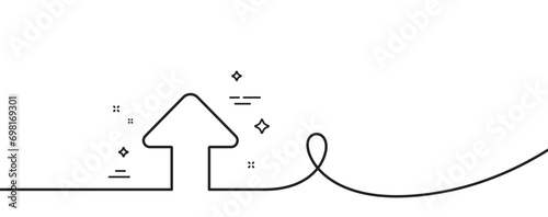 Upload arrow line icon. Continuous one line with curl. Direction Arrowhead symbol. Navigation pointer sign. Upload single outline ribbon. Loop curve pattern. Vector