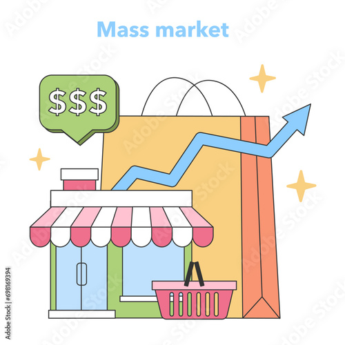 Mass market concept. Quaint shopfront with ascending sales graph, symbolizing growing revenue and a speech bubble indicating increased profit. Reaching a wider audience efficiently