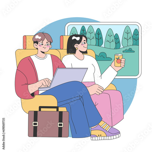 Train trip. Characters traveling by train. Passengers with luggage getting on train. Railway travel and tourism. Flat vector illustration