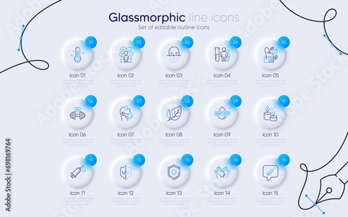 Set of Sick man, Difficult stress and Hand sanitizer line icons for web app. Face recognition, Dumbbell, Mint bag icons. Uv protection, Wash hands, Medical syringe signs. Vaccine message. Vector