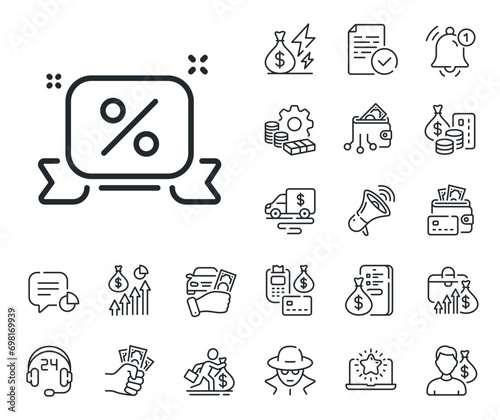 Sale offer sign. Cash money, loan and mortgage outline icons. Discounts ribbon line icon. Promotion price symbol. Discounts ribbon line sign. Credit card, crypto wallet icon. Vector