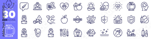 Medical vaccination, Oculist doctor and Blood and saliva test line icons pack. Medical mask, Uv protection, Salad web icon. Hospital nurse, Vaccine message, Eco bike pictogram. Nurse. Vector