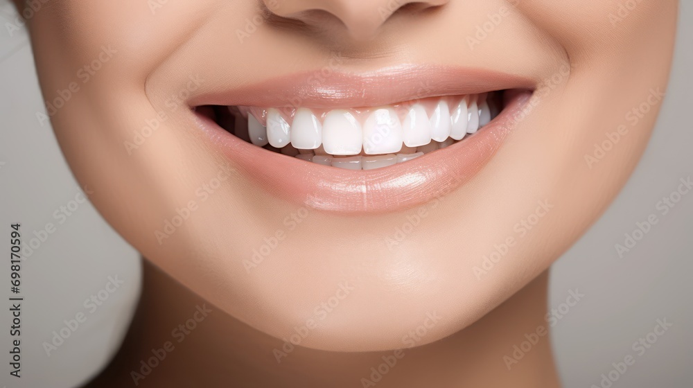 A close up photo of the lower part of a female face. beautiful cute smile with very clean perfect teeth. chin, nose and mouth visible. dental service advertisement. white background. A close up photo of the lower part of a female face. beautiful cute smile with very clean perfect teeth. chin, nose and mouth visible. dental service advertisement. white background.