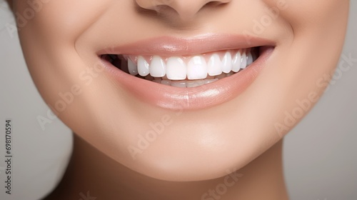 A close up photo of the lower part of a female face. beautiful cute smile with very clean perfect teeth. chin, nose and mouth visible. dental service advertisement. white background.