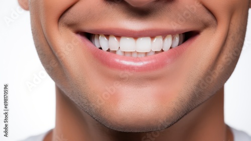 A close up photo of the lower part of a male face. handsome cute smile with very clean perfect teeth. chin, nose and mouth visible. dental service advertisement. white background 