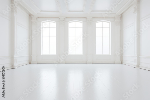 empty room with white walls and large windows
