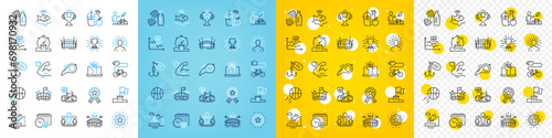 Vector icons set of Eco bike, Electric bike and Yoga line icons pack for web with Cardio training, Boat fishing, Timer outline icon. Sports arena, Strong arm, Winner flag pictogram. Vector photo