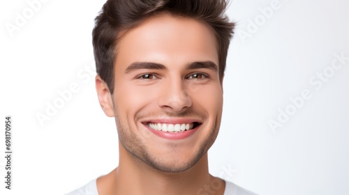 A photo portrait of a beautiful young handsome model man smiling with perfect clean teeth, used for a dental ad, isolated on white background