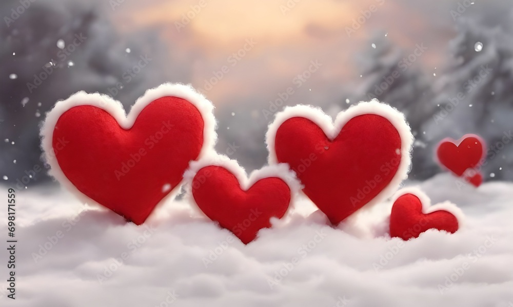 Red hearts and fresh winter snow background, Valentine's Day Greeting with Red Hearts on a White Background, Celebrating Love and Happiness.
