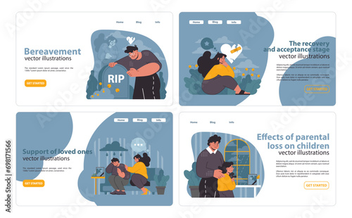 Widowhood experience web or landing. Visual storytelling of loss, compassion, and growth. Nurturing new beginnings. Flat vector illustration.