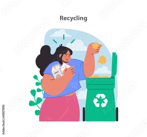 Recycling initiative concept. Demonstrates responsible disposal and material reuse. Promoting environmental stewardship. Flat vector illustration.