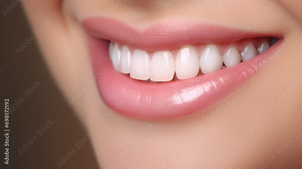 Obraz premium Closeup persons mouth smiling woman white teeth toothbrush banner healthy skin bite lip left align see aquiline nose high details face implants dog profile, hyper realistic, photo realistic