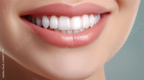 Closeup persons mouth smiling woman white teeth toothbrush banner healthy skin bite lip left align see aquiline nose high details face implants dog profile, hyper realistic, photo realistic,  photo