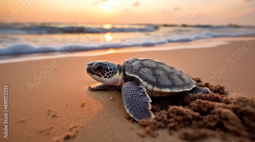 Create a captivating photograph of a baby sea turtle making its way from the nest to the ocean, depicting the challenging journey and the determination associated with hatching
