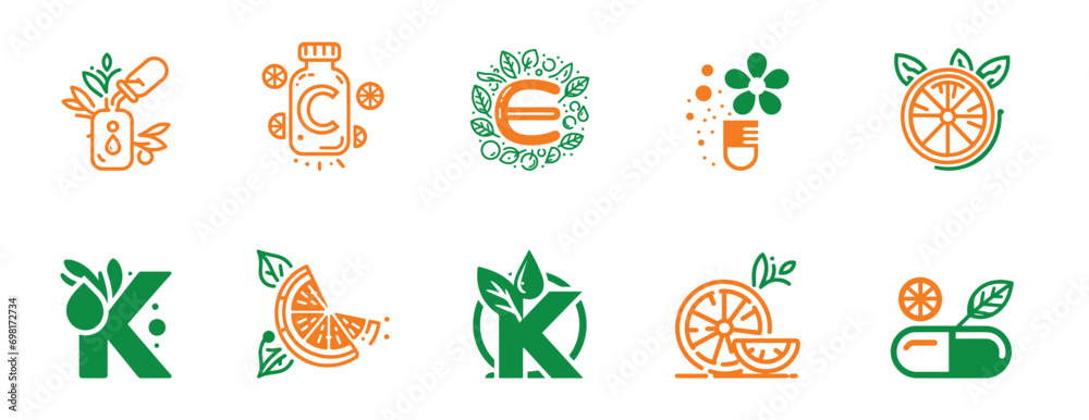 Obraz premium Embracing Nutritional Excellence: A Varied Set of Striking Vector Icons Showcasing Vitamins C, K, E, and D for Comprehensive Health and Immune Support