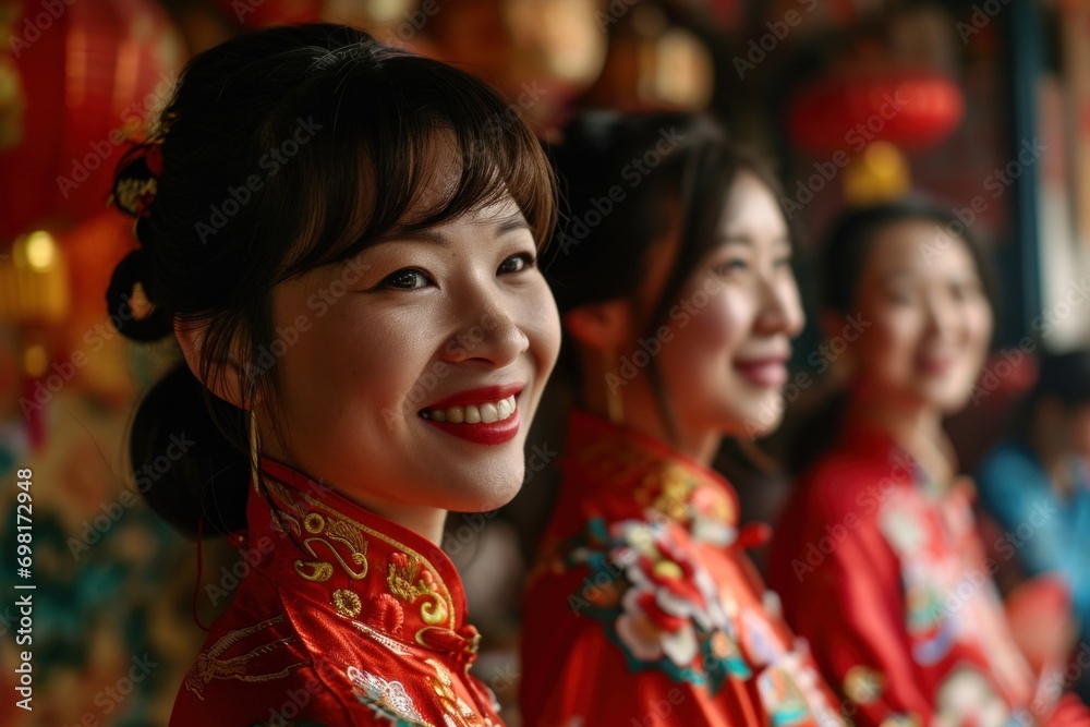 Close-up of a joyous woman in traditional chinese dress with blurred festive background