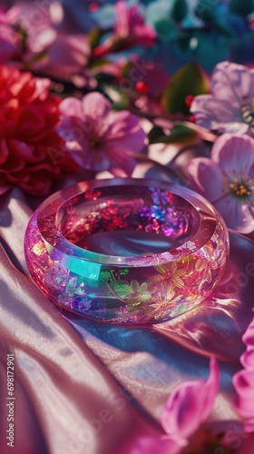Artistic resin bangle with vibrant floral inclusions displayed on luxurious silk fabric