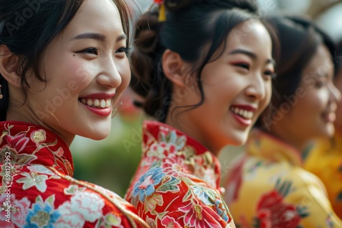 Captivating smiles of two women in traditional chinese clothing with sophisticated floral embroidery