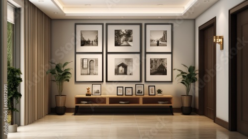 Hallway entrance of a home  there is a counter table to place keys  wall art frame on the wall  no distraction to the frame  it is the center of attraction  front facing image