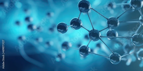 Horizontal banner with model of abstract molecular structure. Background of blue color with glass atom model