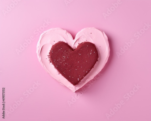 A heart-shaped area of blush powder with a matching makeup sponge on a pink surface