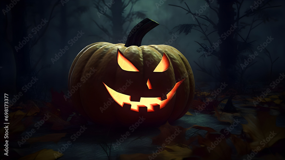 glowing jack-o'-lantern in a spooky forest setting, with fallen autumn leaves around, creating a classic Halloween scene glowing jack-o'-lantern in a spooky forest setting, with fallen autumn leaves around, creating a classic Halloween scene
