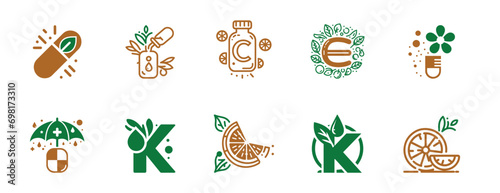 Unlocking the Power of Essential Nutrients: A Diverse Array of Striking Vector Icons Representing Vitamins C, K, E, and D for Holistic Health and Immune Well-Being