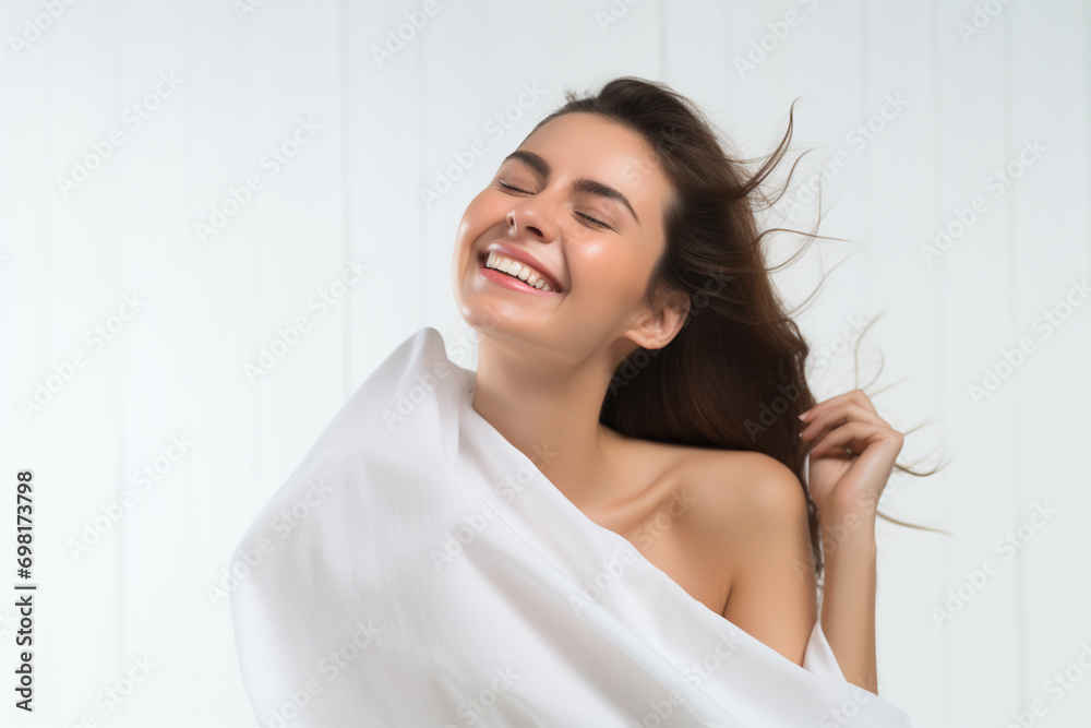 portrait of a beautiful happy smiling young woman isolated on beige background. skin care beauty, skincare cosmetics concept portrait of a beautiful happy smiling young woman isolated on beige background. skin care beauty, skincare cosmetics concept