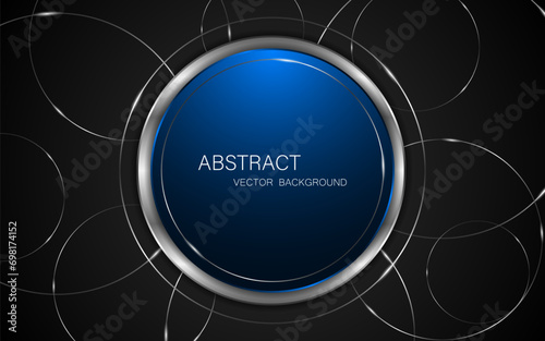 Abstract blue and silver circle shape with elegant silver lines on black background.	