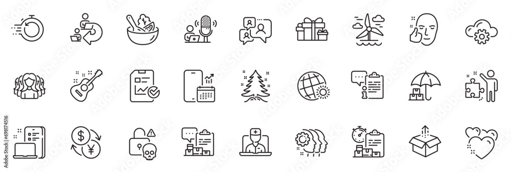 Icons pack as Send box, Employees teamwork and Report checklist line icons for app include Inventory report, Telemedicine, Podcast outline thin icon web set. Holiday presents. Vector